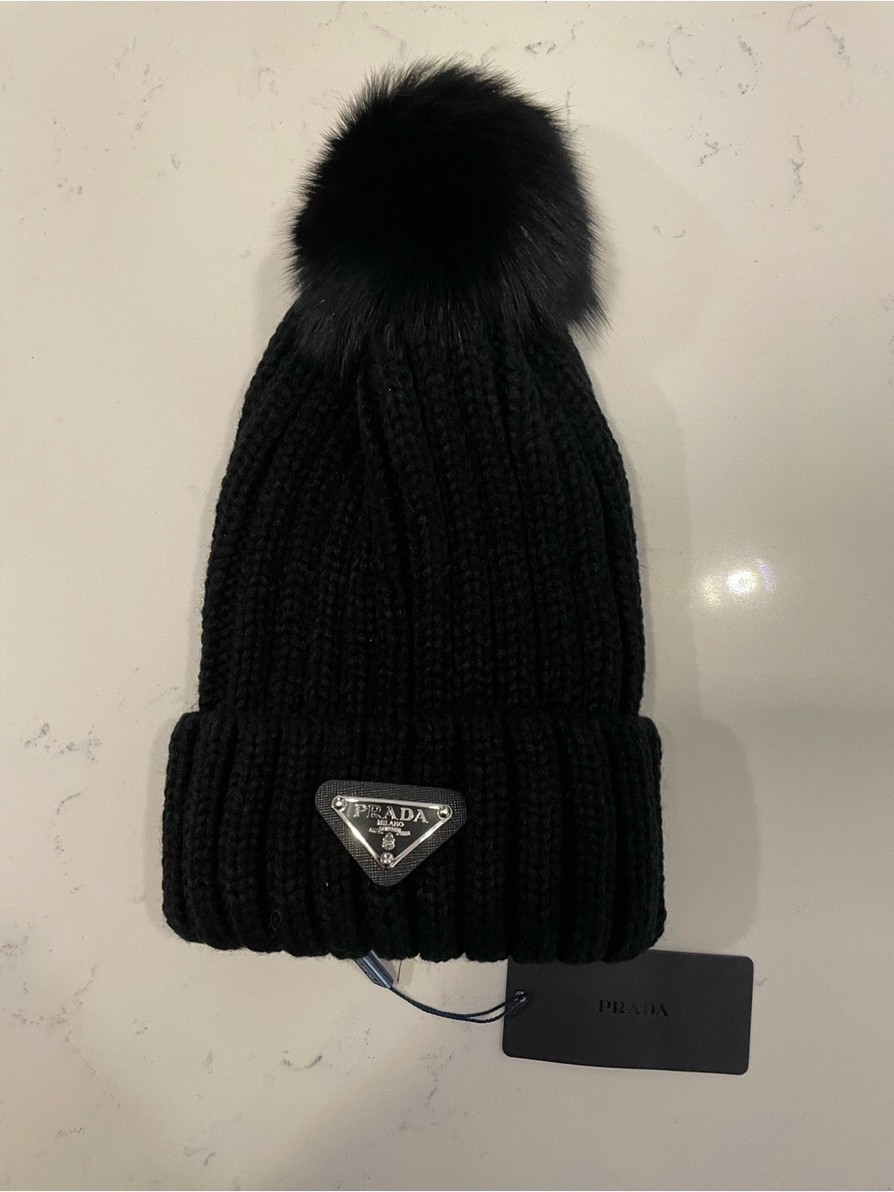 Prada Black Ribbed Knit Beanie with Fur Pom